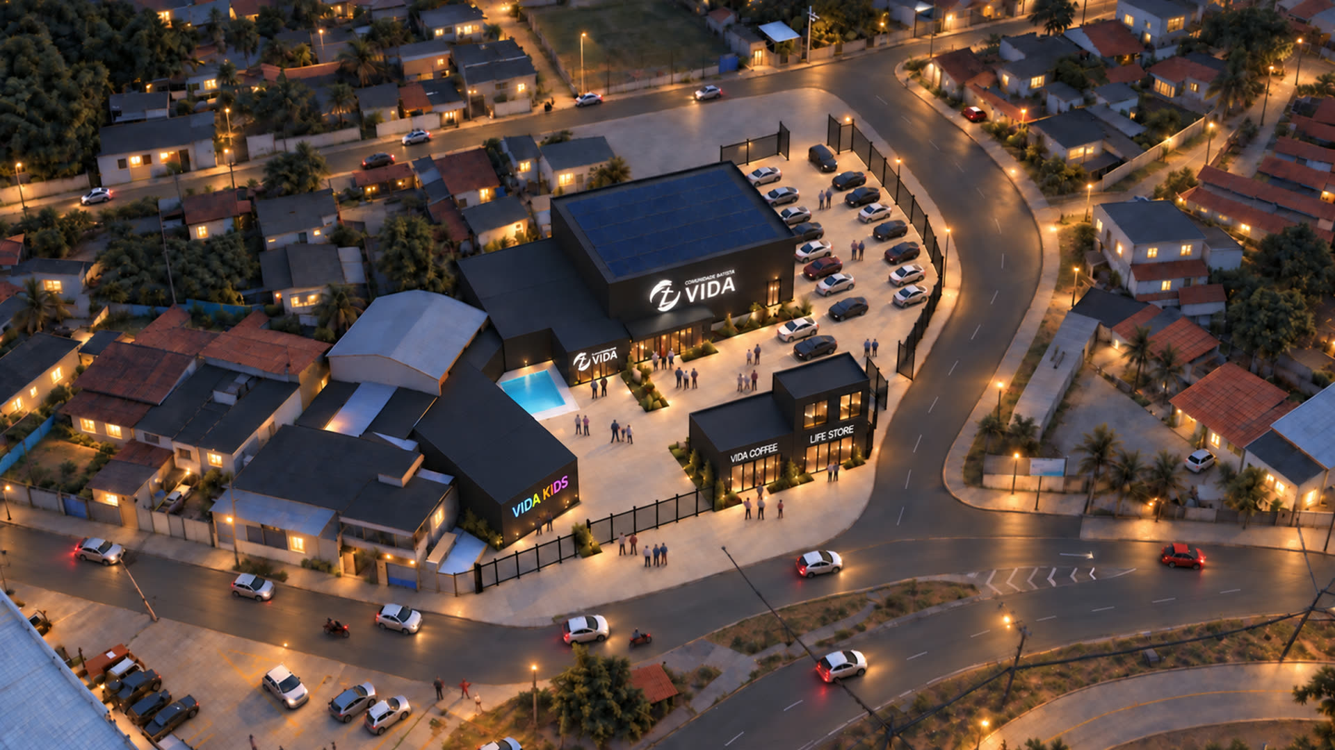 Vista do projeto com templo, Vida Kids, Vida Coffee e Life Store